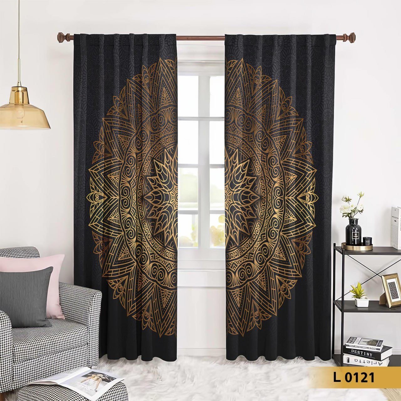 ستارة قطيفة طباعة 3D باللون الأسود مع نقشة ماندالا ذهبية فاخرة – موديل L 0121